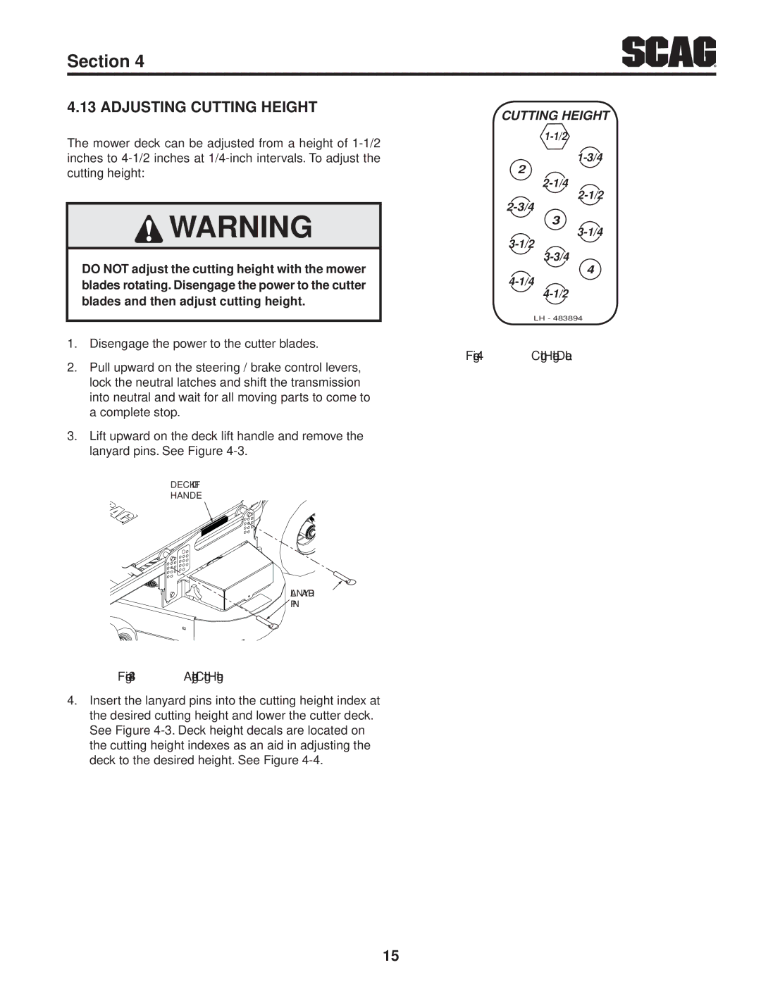 Scag Power Equipment SFW36-16BV manual Adjusting Cutting Height 