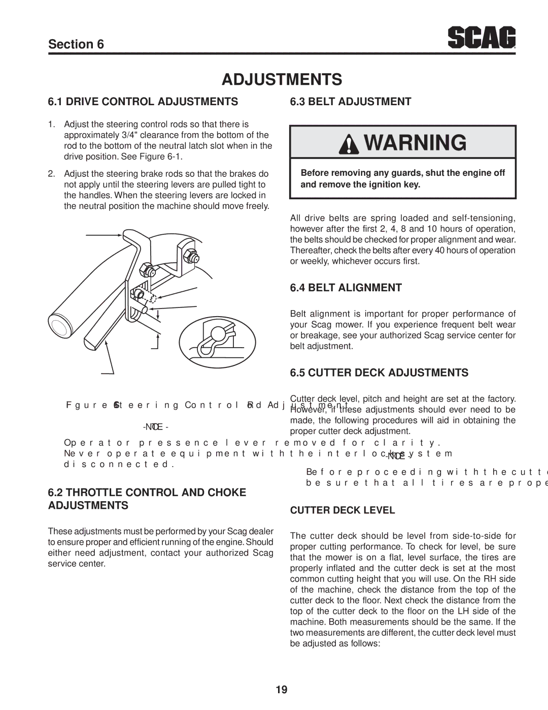 Scag Power Equipment SFW36-16BV Drive Control Adjustments, Belt Adjustment, Belt Alignment, Cutter Deck Adjustments 