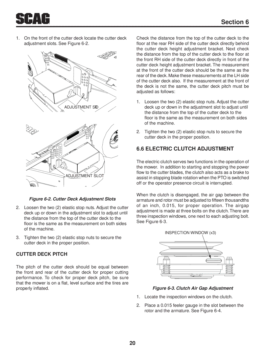 Scag Power Equipment SFW36-16BV manual Electric clutch adjustment, Cutter Deck Pitch 