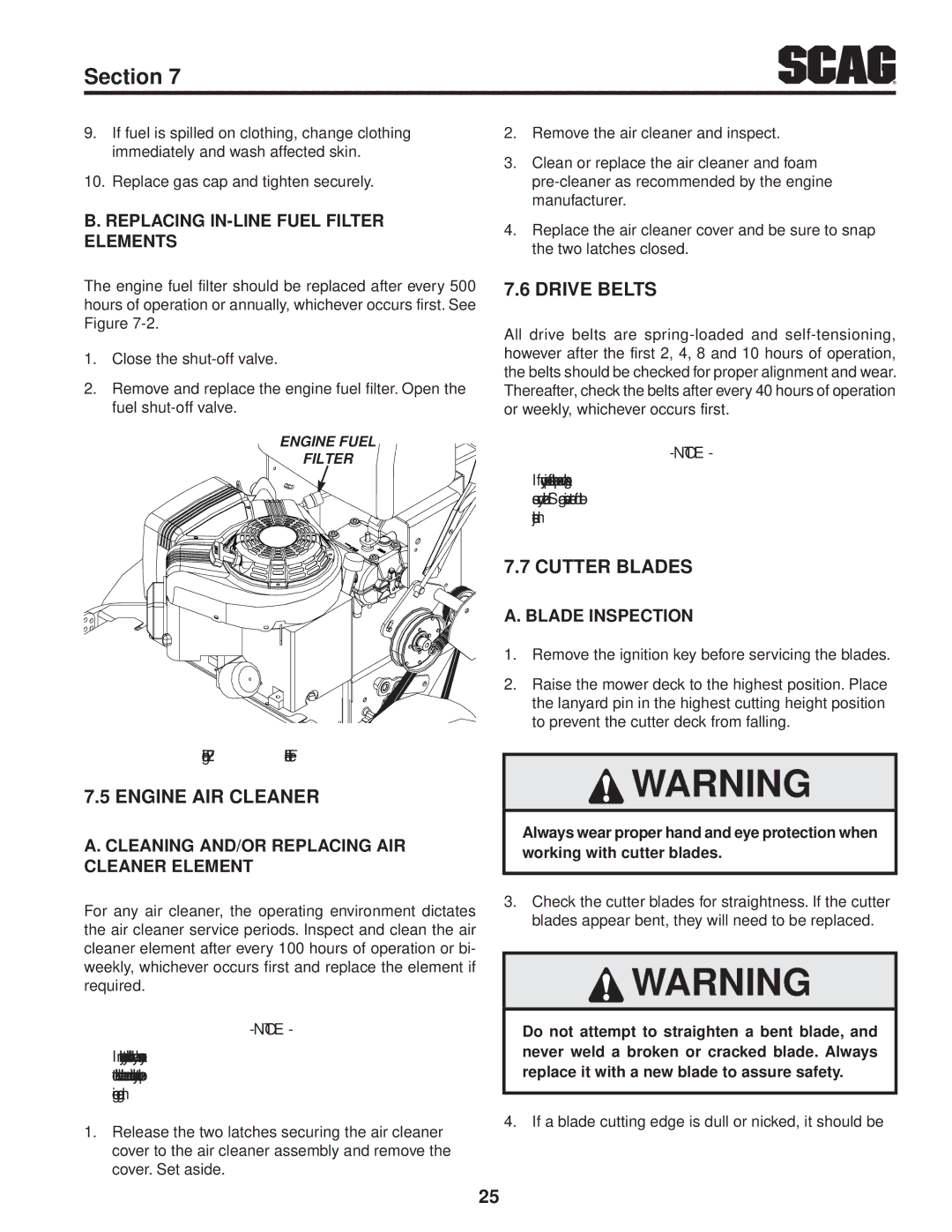 Scag Power Equipment SFW36-16BV manual Engine Air Cleaner, Drive Belts, Cutter Blades 