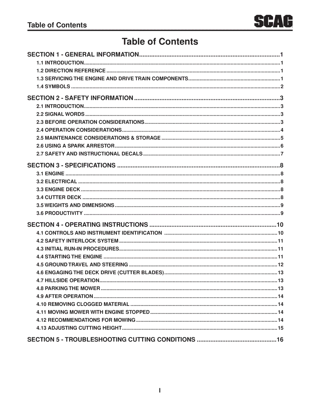 Scag Power Equipment SFW36-16BV manual Table of Contents 