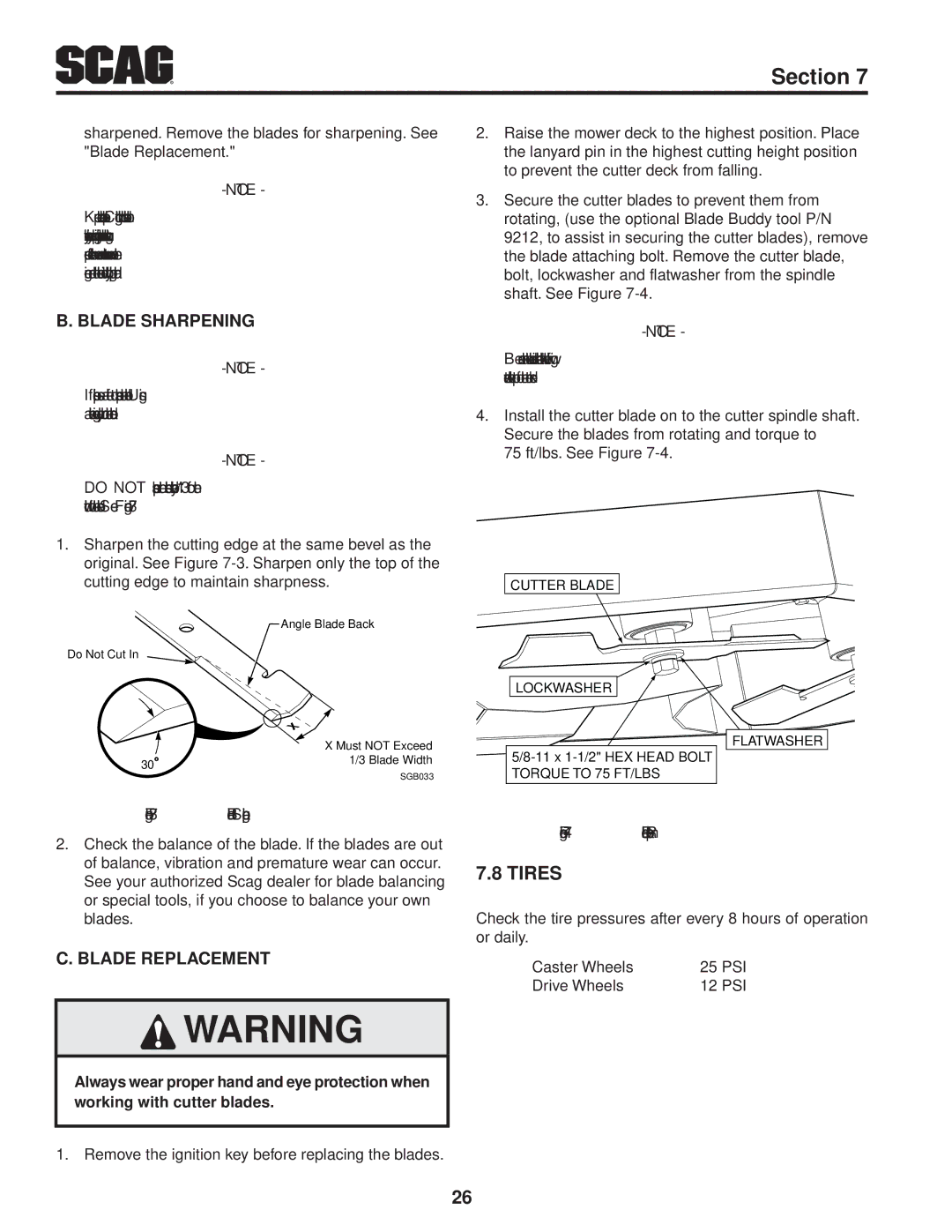 Scag Power Equipment SFW36-16BV manual Tires, Blade Sharpening, Blade Replacement 