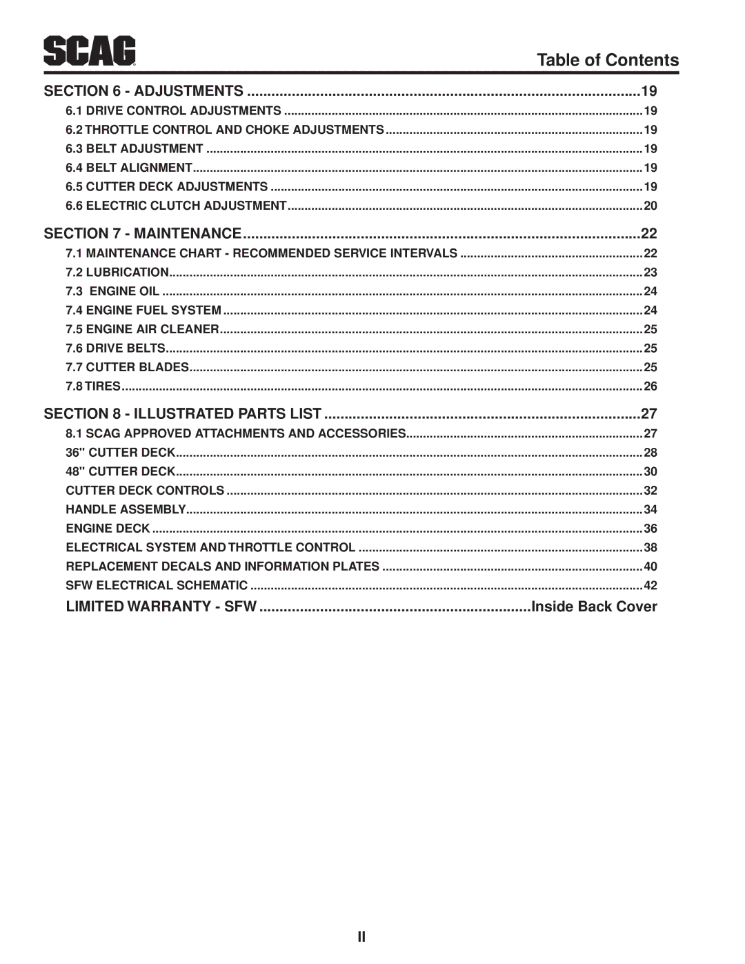 Scag Power Equipment SFW36-16BV manual Limited Warranty SFW, Inside Back Cover 