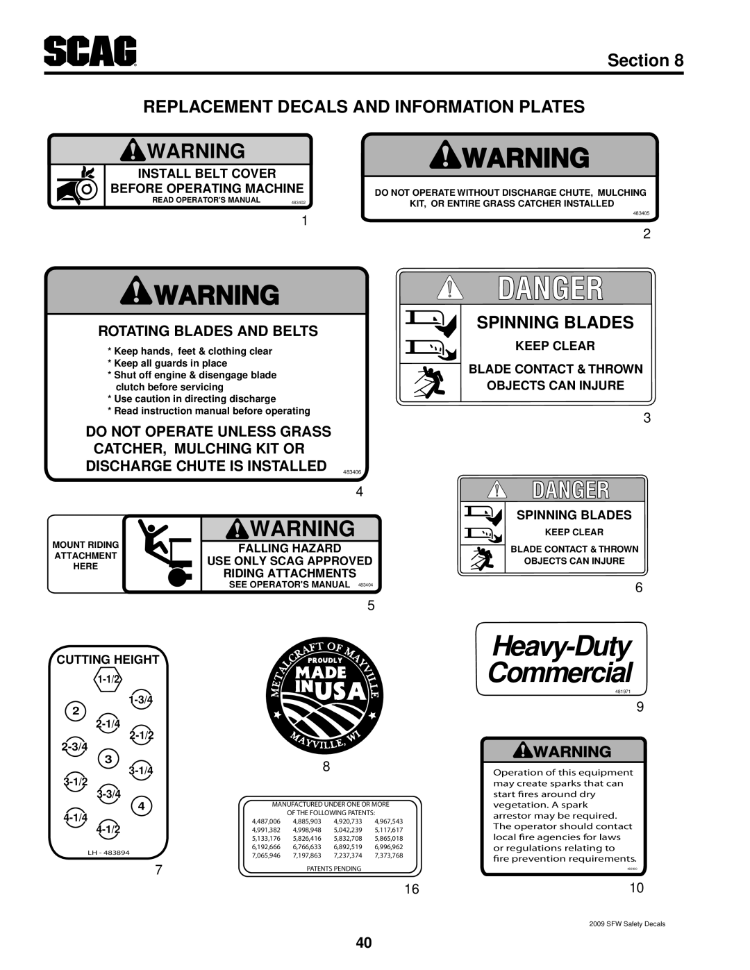 Scag Power Equipment SFW36-16BV Replacement Decals and Information Plates, Spinning Blades, Rotating Blades and Belts 