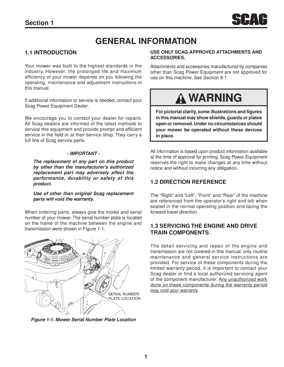 Scag Power Equipment SFW36-16BV manual General Information, Introduction, Direction Reference 