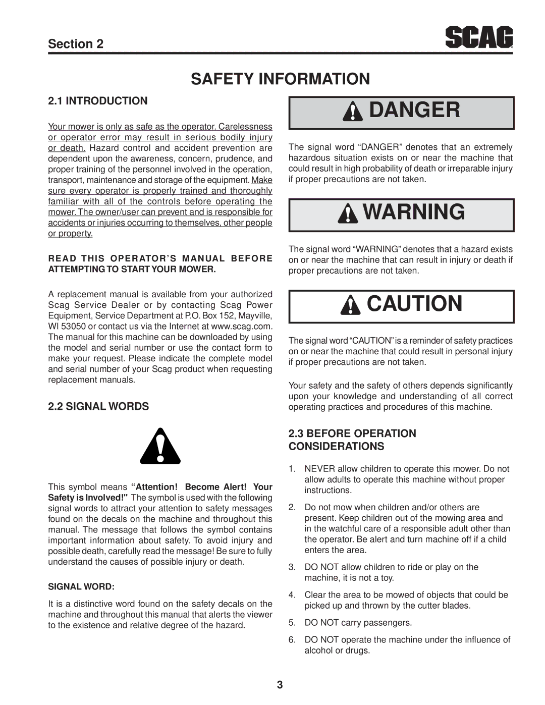 Scag Power Equipment SFW36-16BV manual Safety Information, Signal Words, Before Operation considerations 