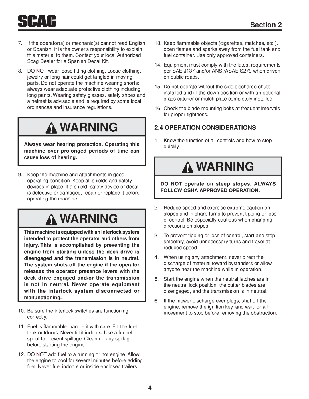 Scag Power Equipment SFW36-16BV manual Operation Considerations 