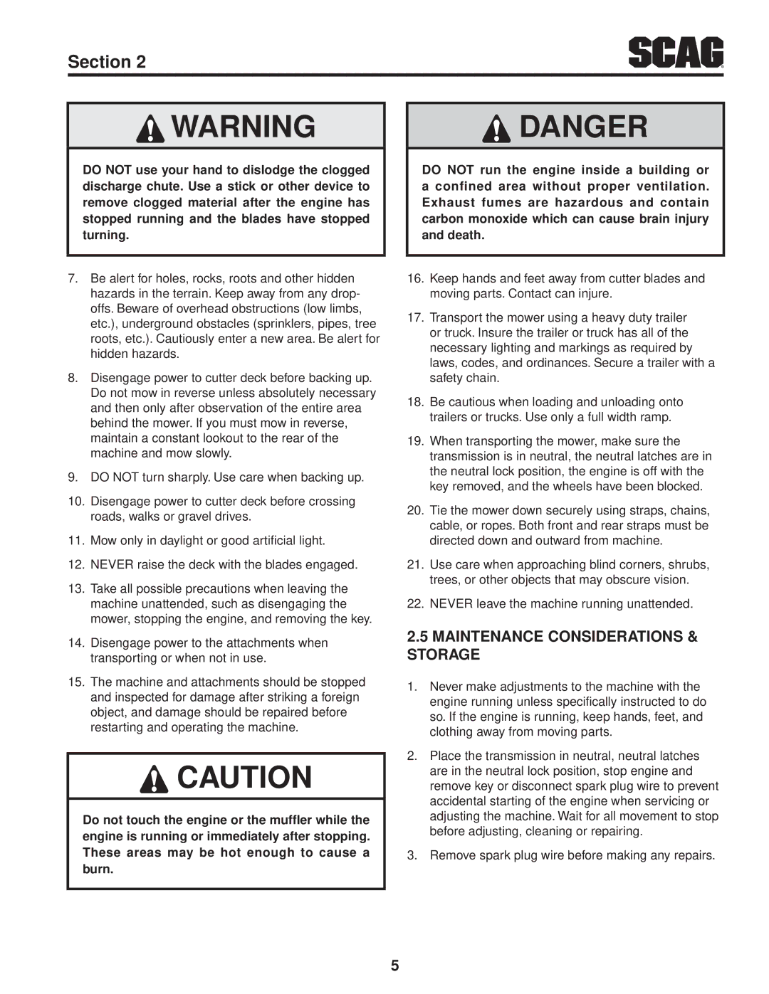 Scag Power Equipment SFW36-16BV manual Maintenance Considerations & storage 