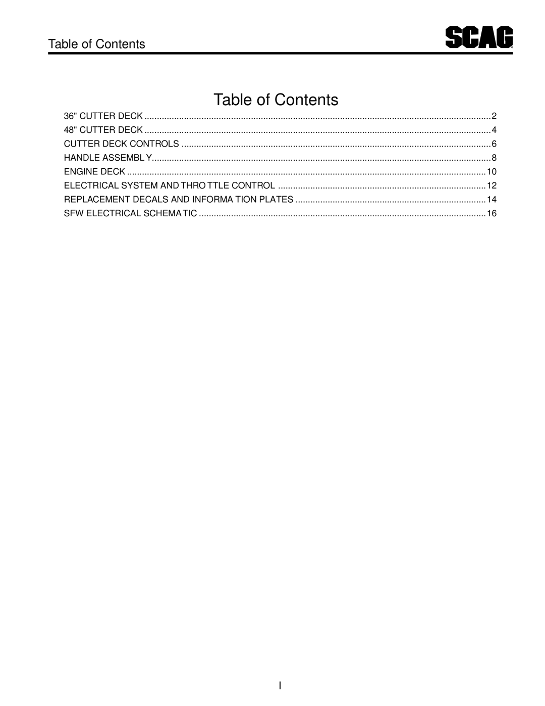 Scag Power Equipment SFW36-16BV, SFW48-16BV manual Table of Contents 