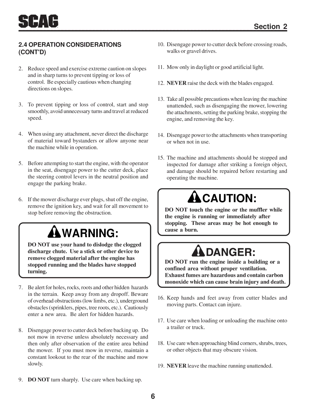 Scag Power Equipment SFZ manual Operation Considerations Contd 