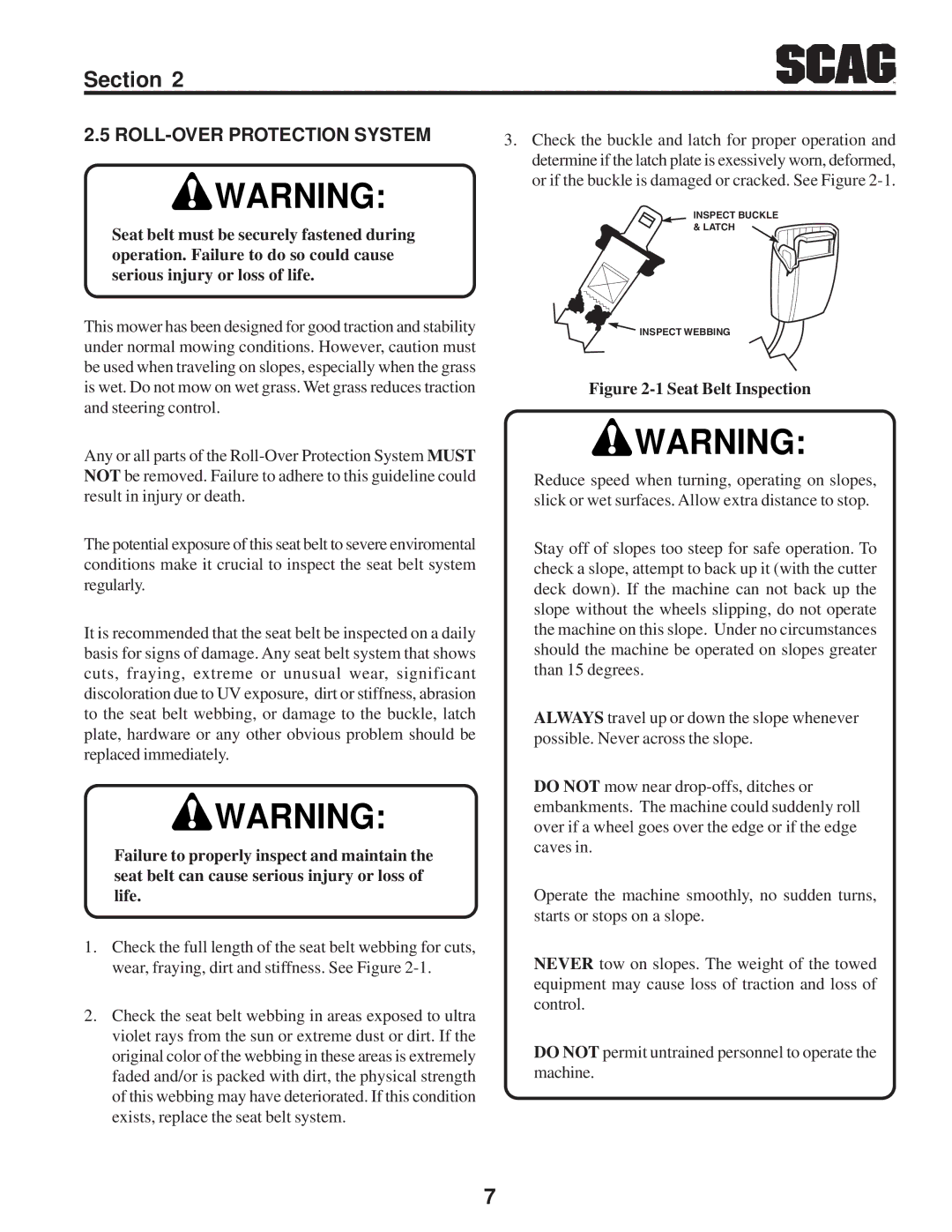 Scag Power Equipment SFZ manual ROLL-OVER Protection System, Seat Belt Inspection 