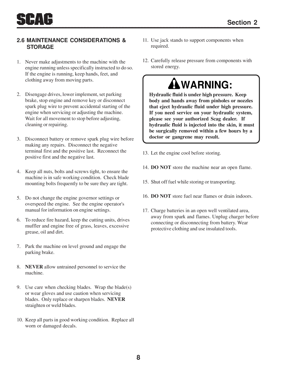 Scag Power Equipment SFZ manual Maintenance Considerations & Storage 