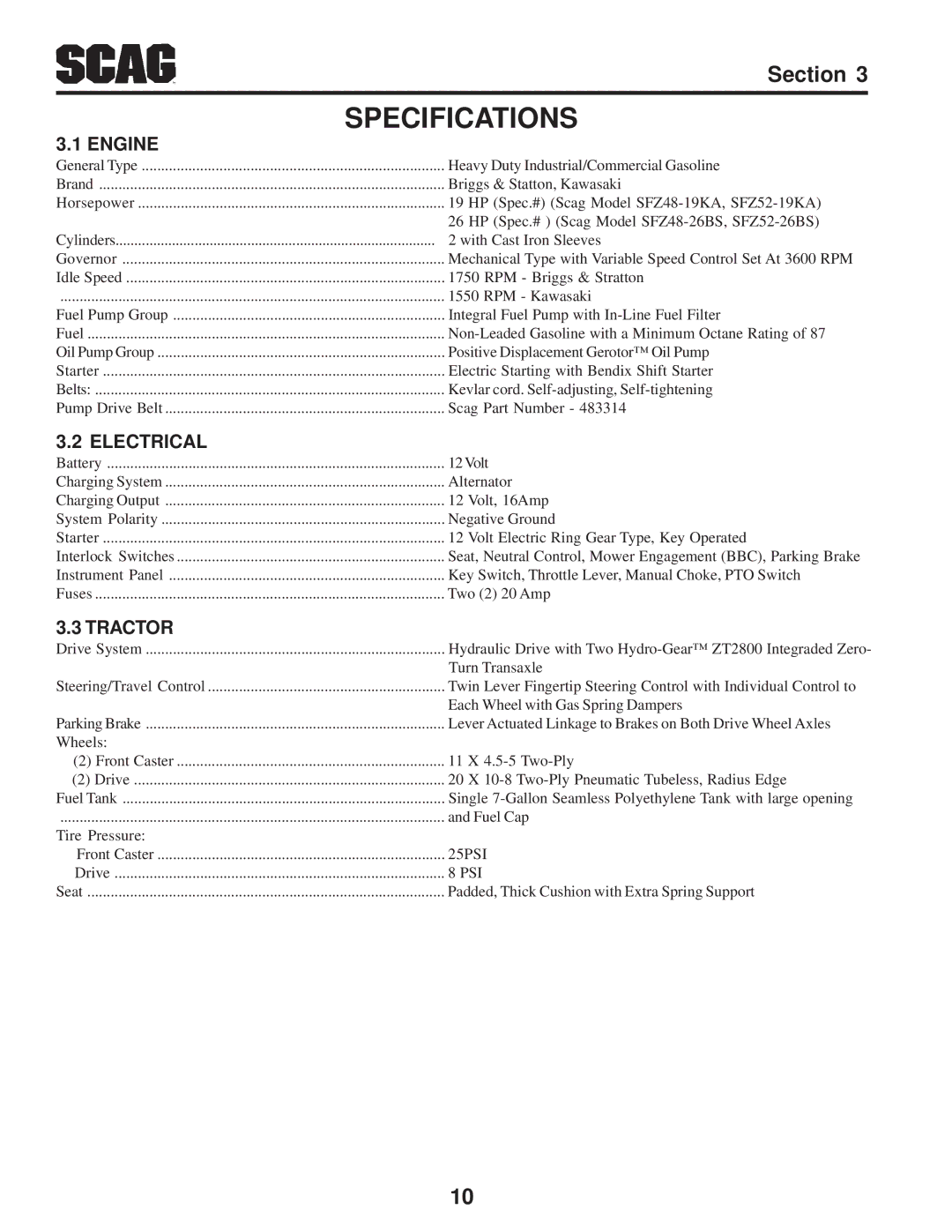 Scag Power Equipment SFZ manual Specifications, Engine, Electrical, Tractor 