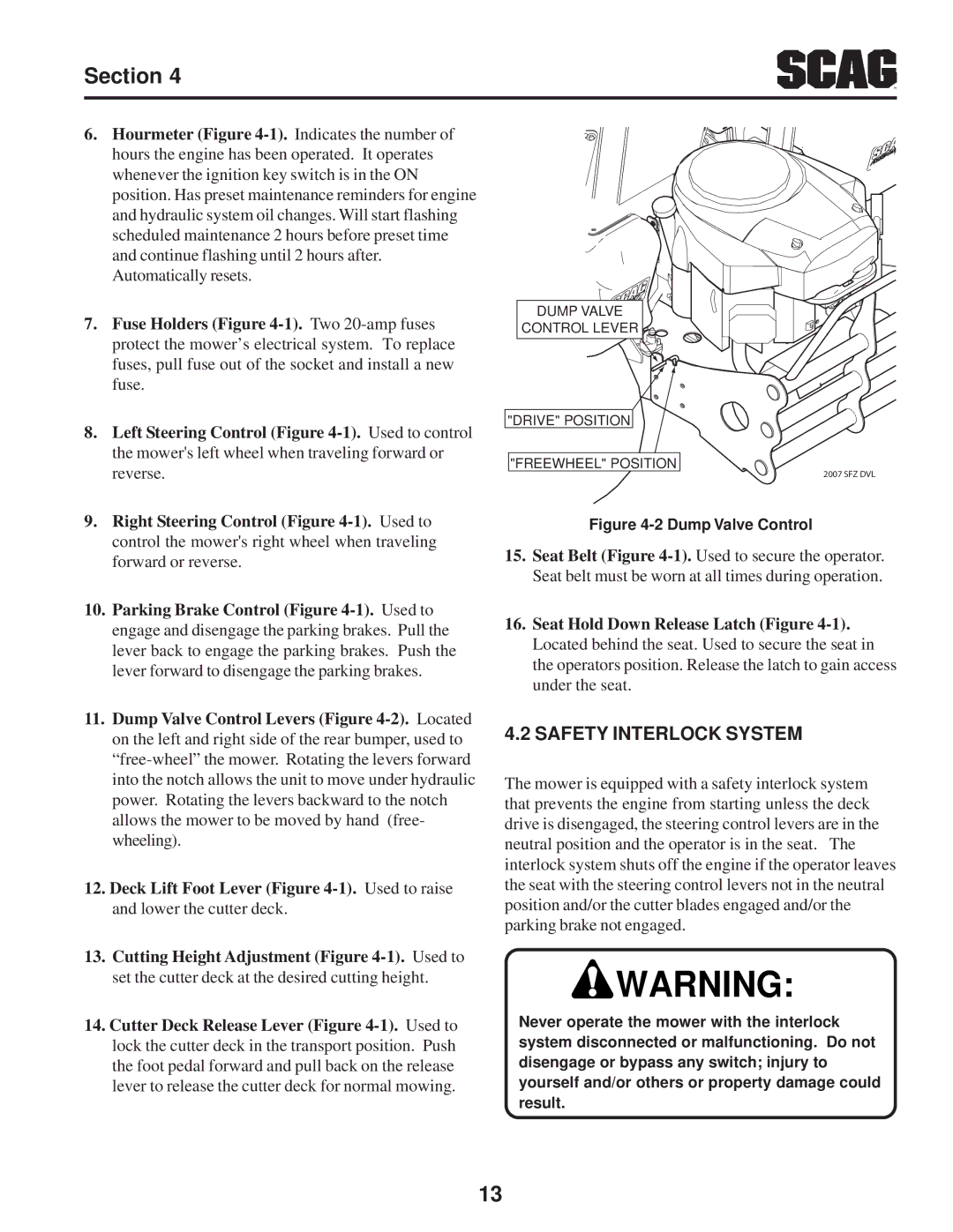 Scag Power Equipment SFZ manual Safety Interlock System, Dump Valve Control 