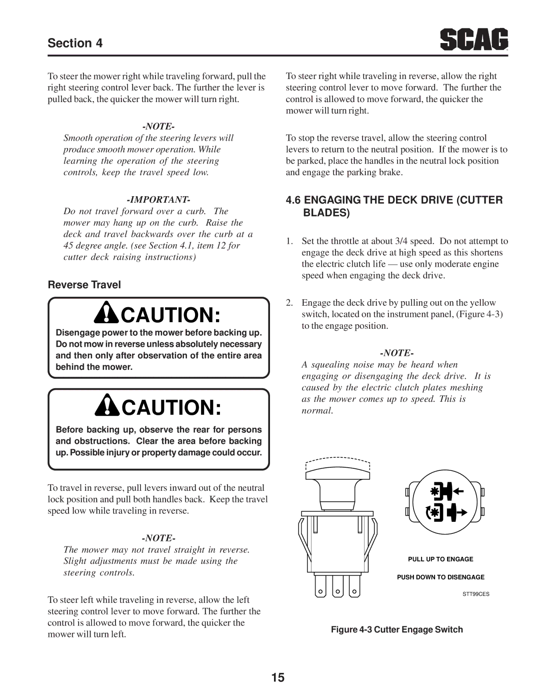 Scag Power Equipment SFZ manual Reverse Travel, Engaging the Deck Drive Cutter Blades 