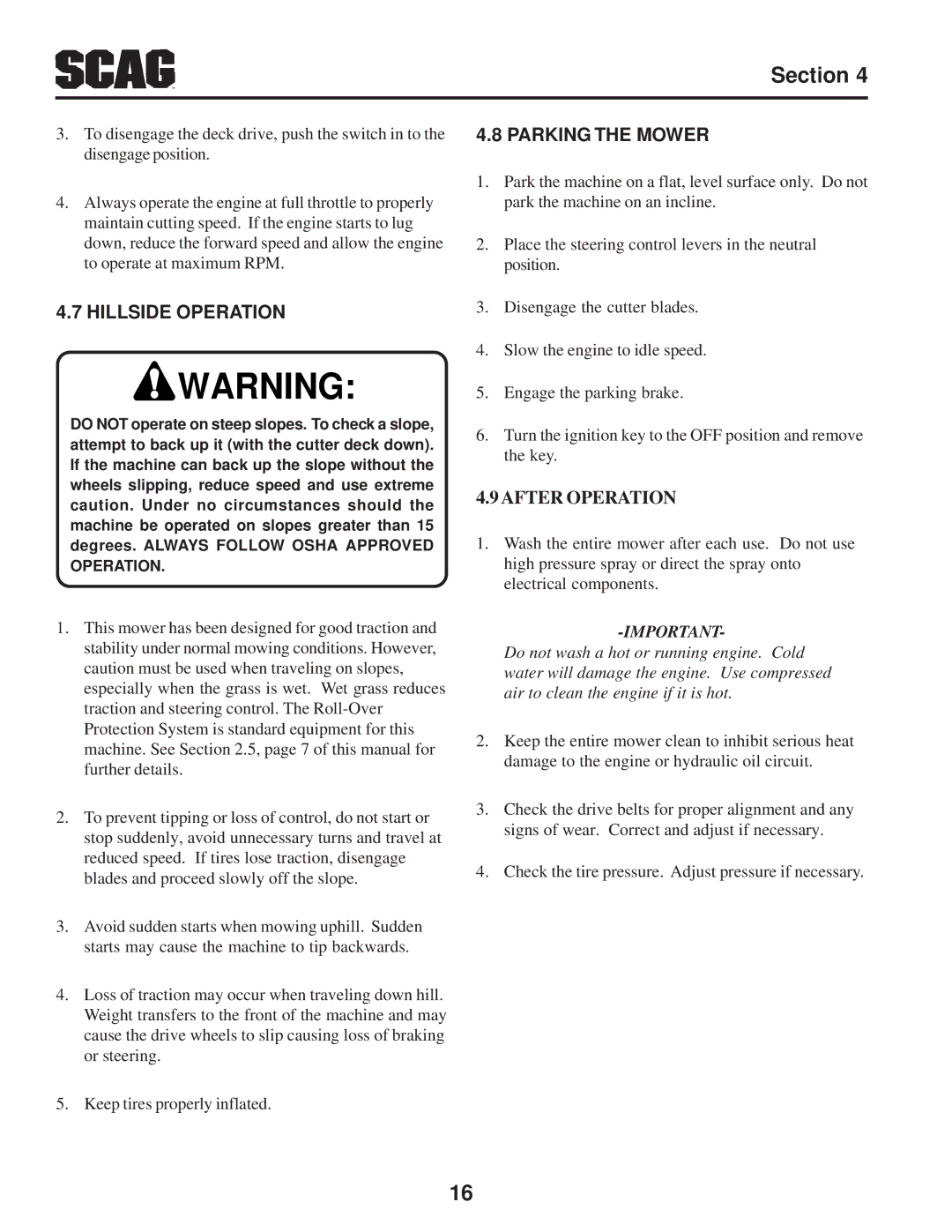 Scag Power Equipment SFZ manual Hillside Operation, Parking the Mower 