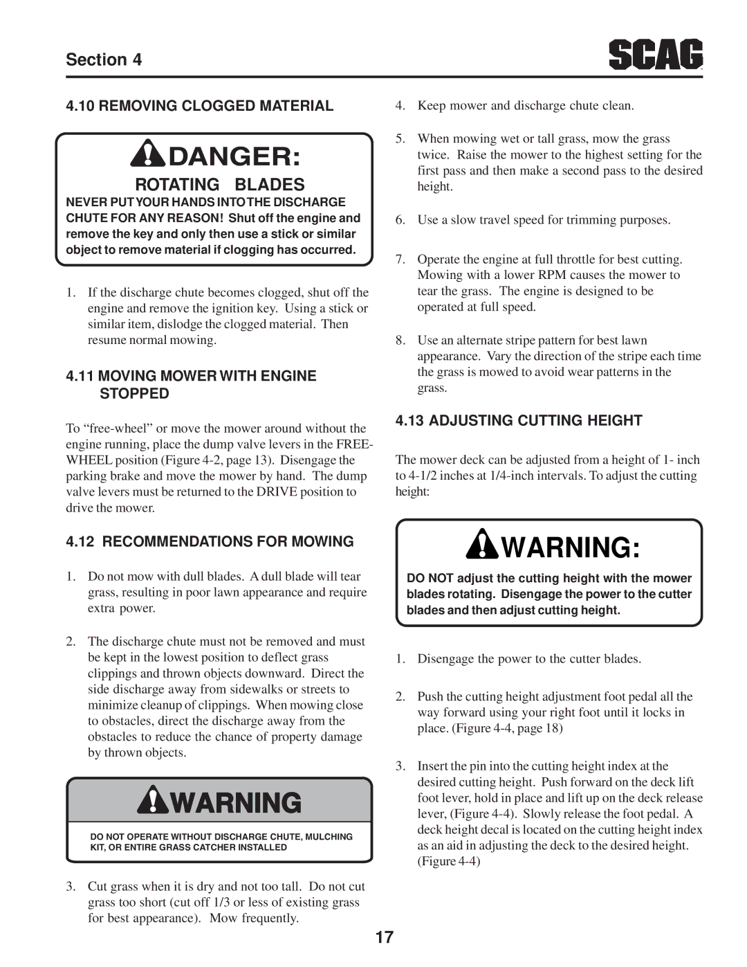 Scag Power Equipment SFZ manual Removing Clogged Material, Moving Mower with Engine Stopped, Adjusting Cutting Height 