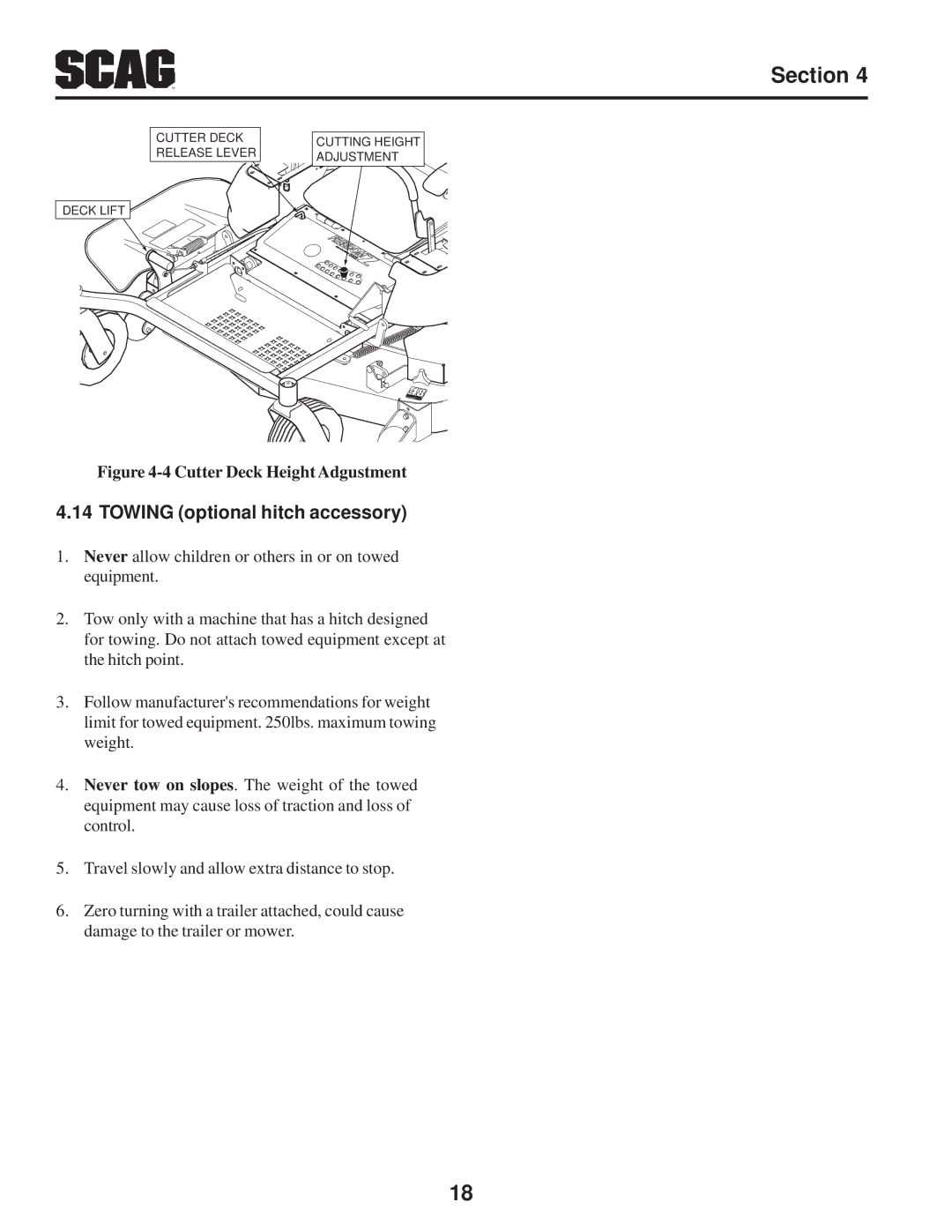 Scag Power Equipment SFZ manual Towing optional hitch accessory, Cutter Deck Height Adgustment 