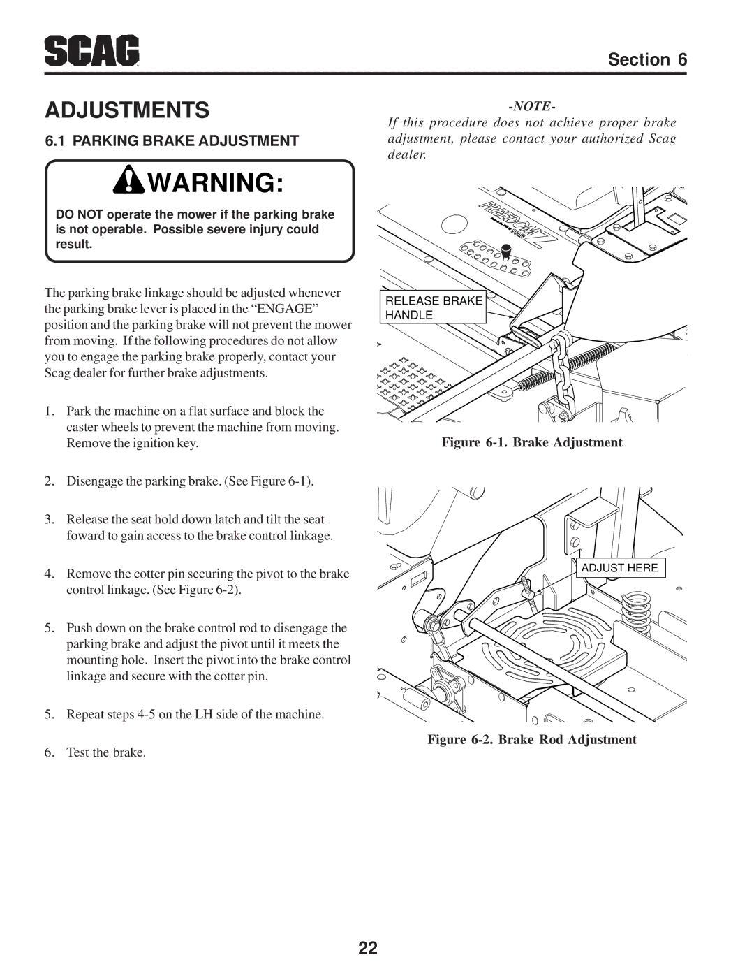 Scag Power Equipment SFZ manual Adjustments, Parking Brake Adjustment 