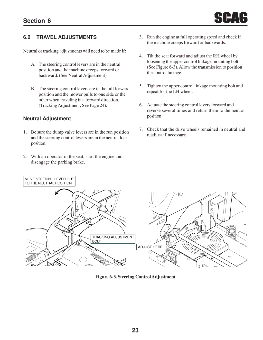 Scag Power Equipment SFZ manual Travel Adjustments, Neutral Adjustment 