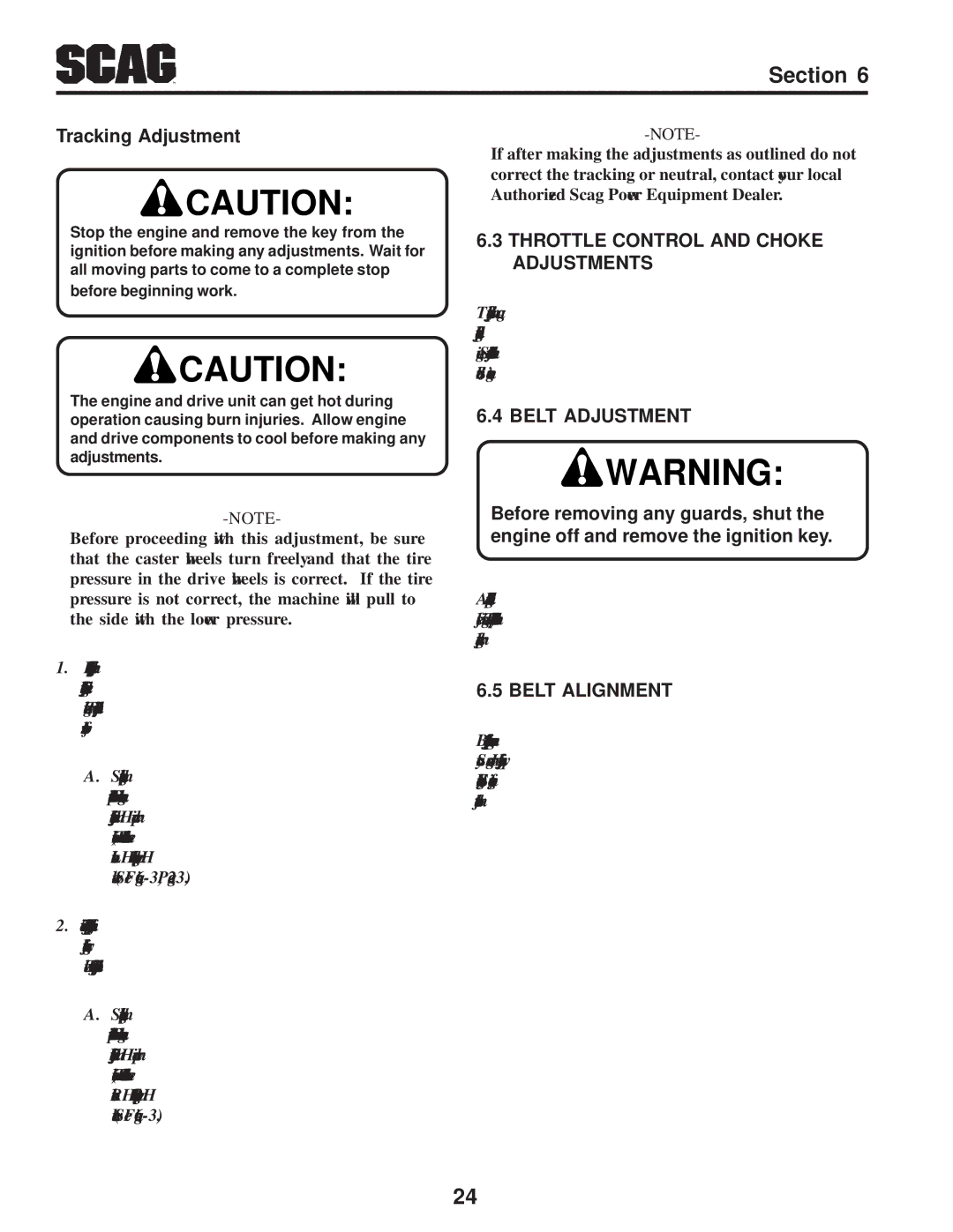 Scag Power Equipment SFZ Tracking Adjustment, Throttle Control and Choke Adjustments, Belt Adjustment, Belt Alignment 