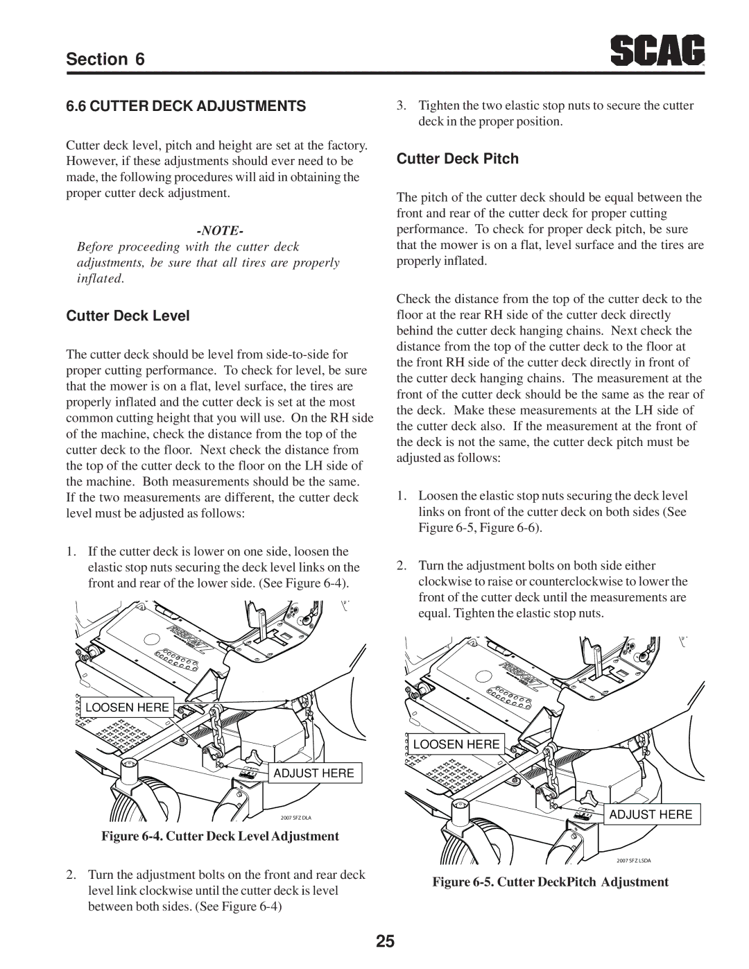 Scag Power Equipment SFZ manual Cutter Deck Adjustments, Cutter Deck Level, Cutter Deck Pitch 