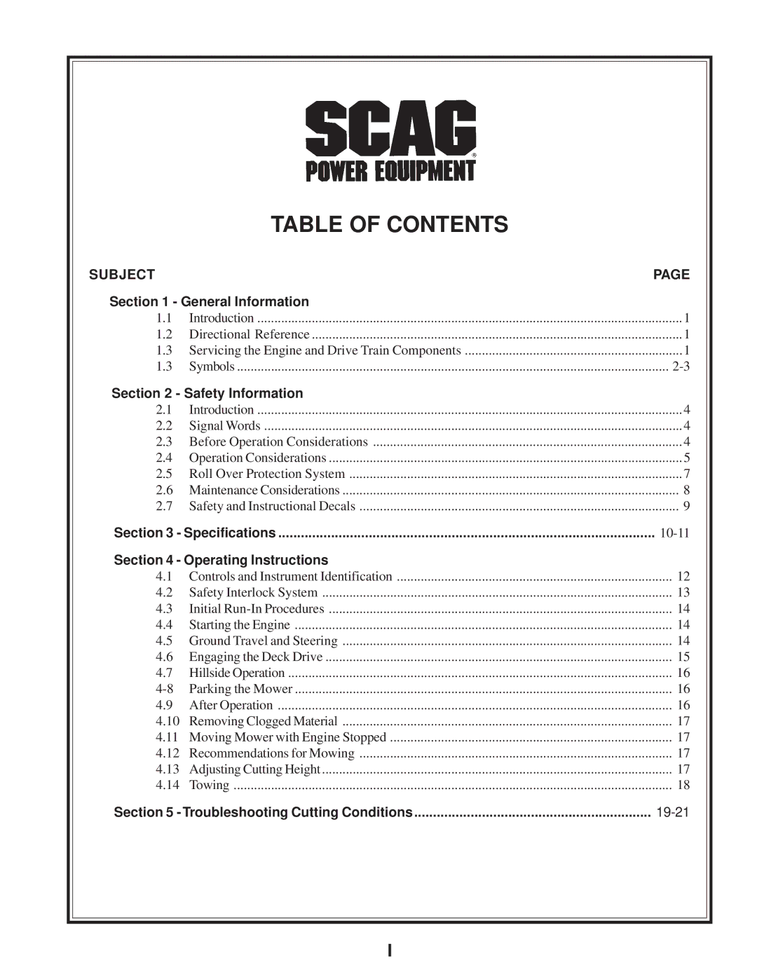 Scag Power Equipment SFZ manual Table of Contents 