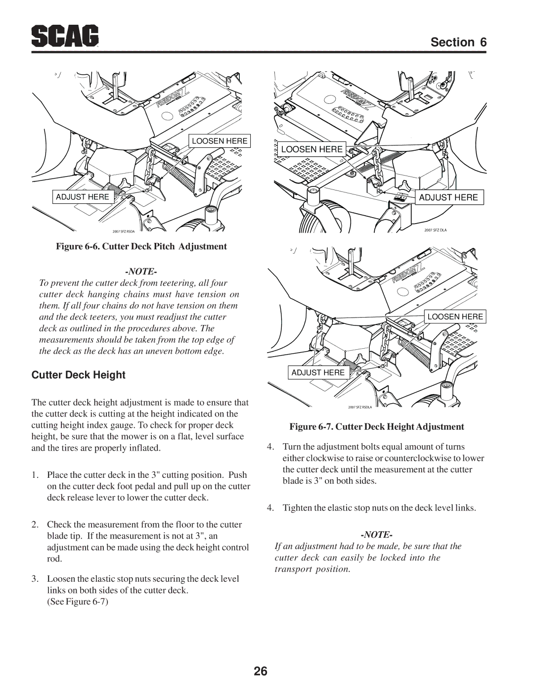 Scag Power Equipment SFZ manual Cutter Deck Height, Cutter Deck Pitch Adjustment 