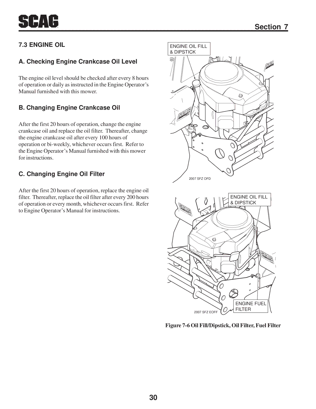 Scag Power Equipment SFZ manual Engine OIL, Checking Engine Crankcase Oil Level, Changing Engine Crankcase Oil 