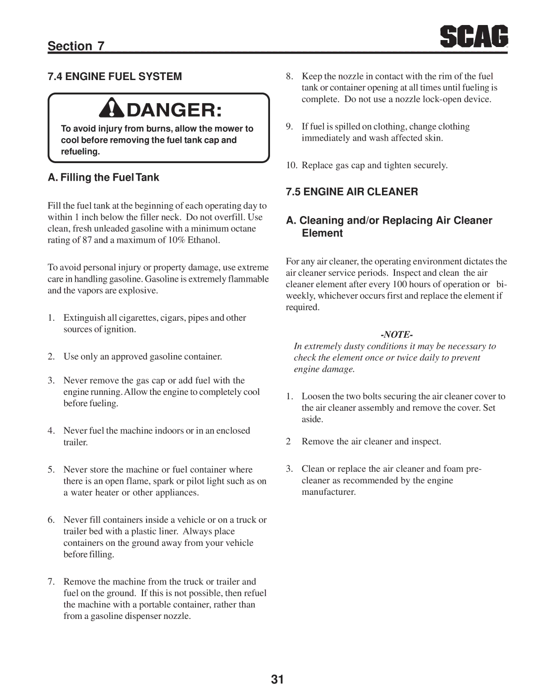 Scag Power Equipment SFZ manual Engine Fuel System, Filling the Fuel Tank, Engine AIR Cleaner 