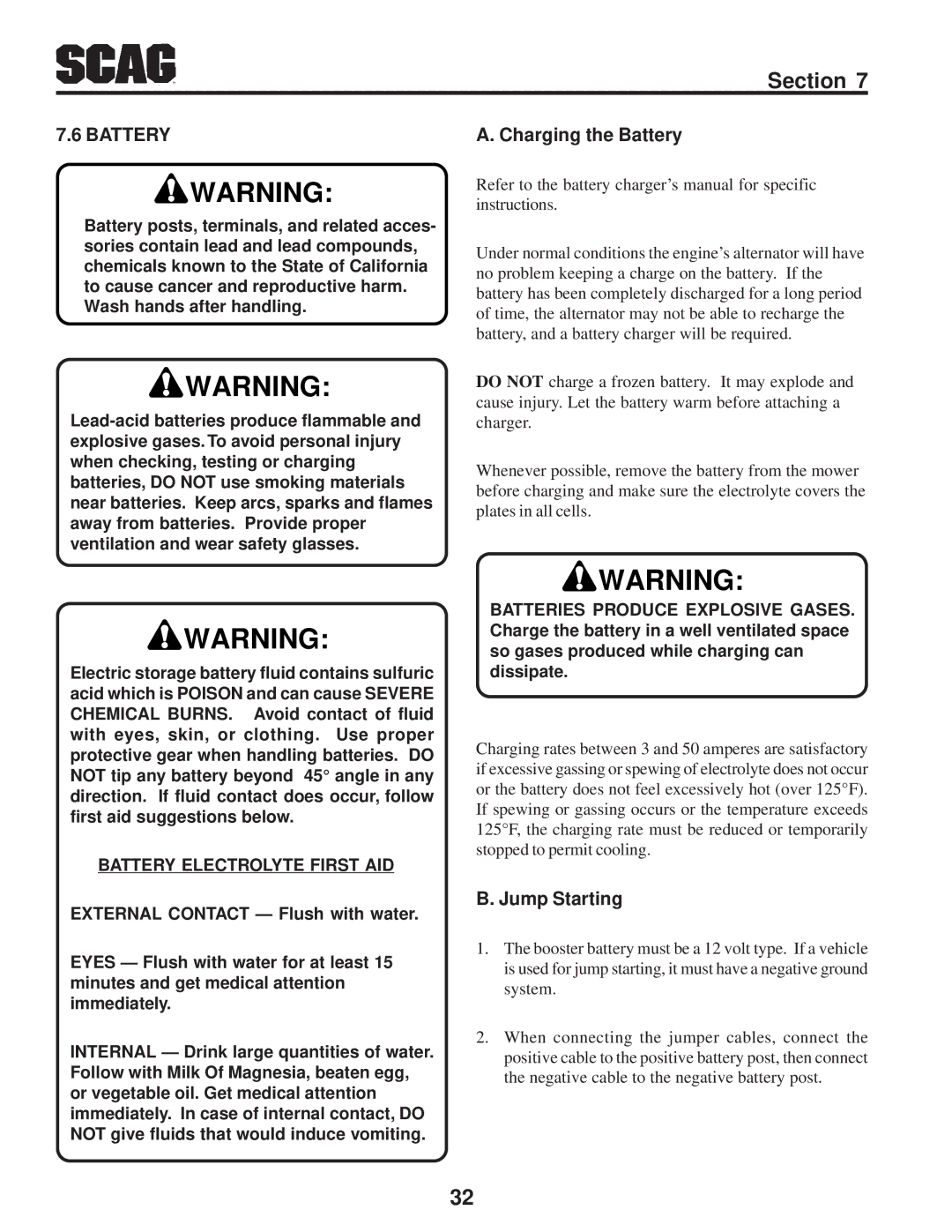 Scag Power Equipment SFZ manual Charging the Battery, Jump Starting 