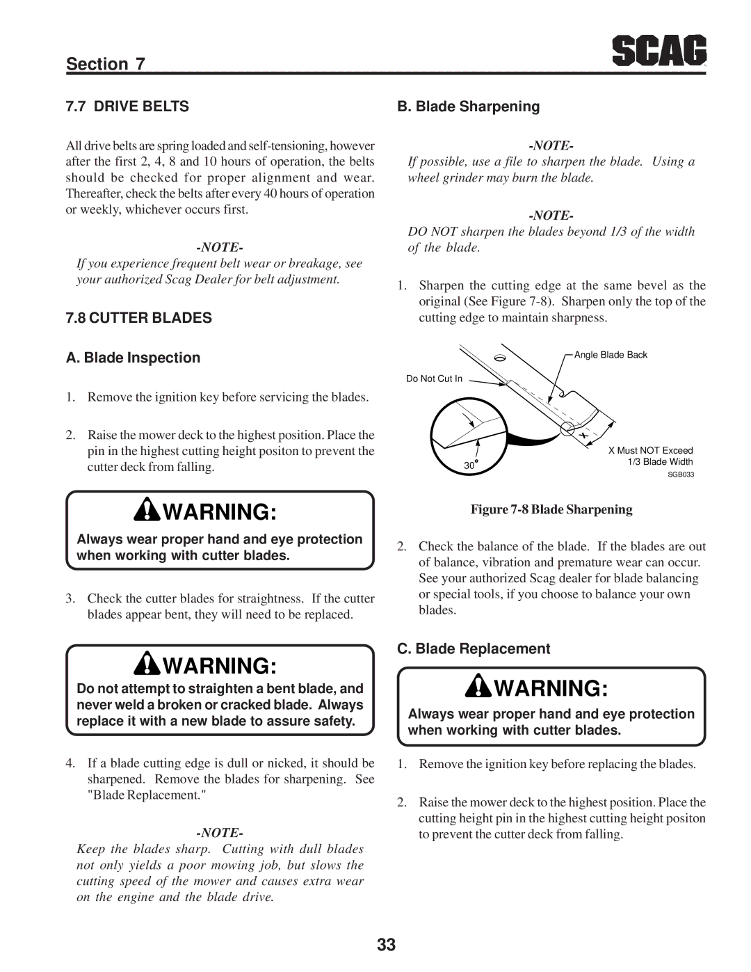 Scag Power Equipment SFZ manual Drive Belts, Cutter Blades, Blade Inspection, Blade Replacement, Blade Sharpening 