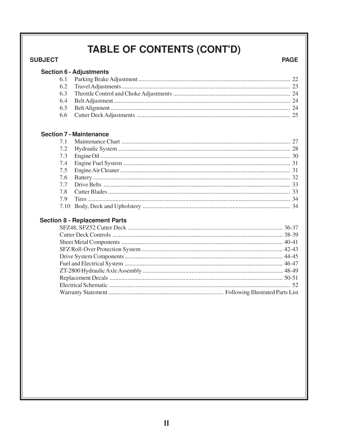 Scag Power Equipment SFZ manual Table of Contents Contd 