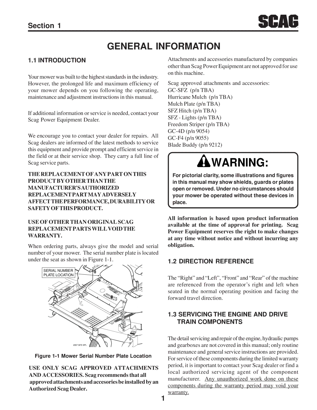 Scag Power Equipment SFZ manual General Information, Introduction, Direction Reference 