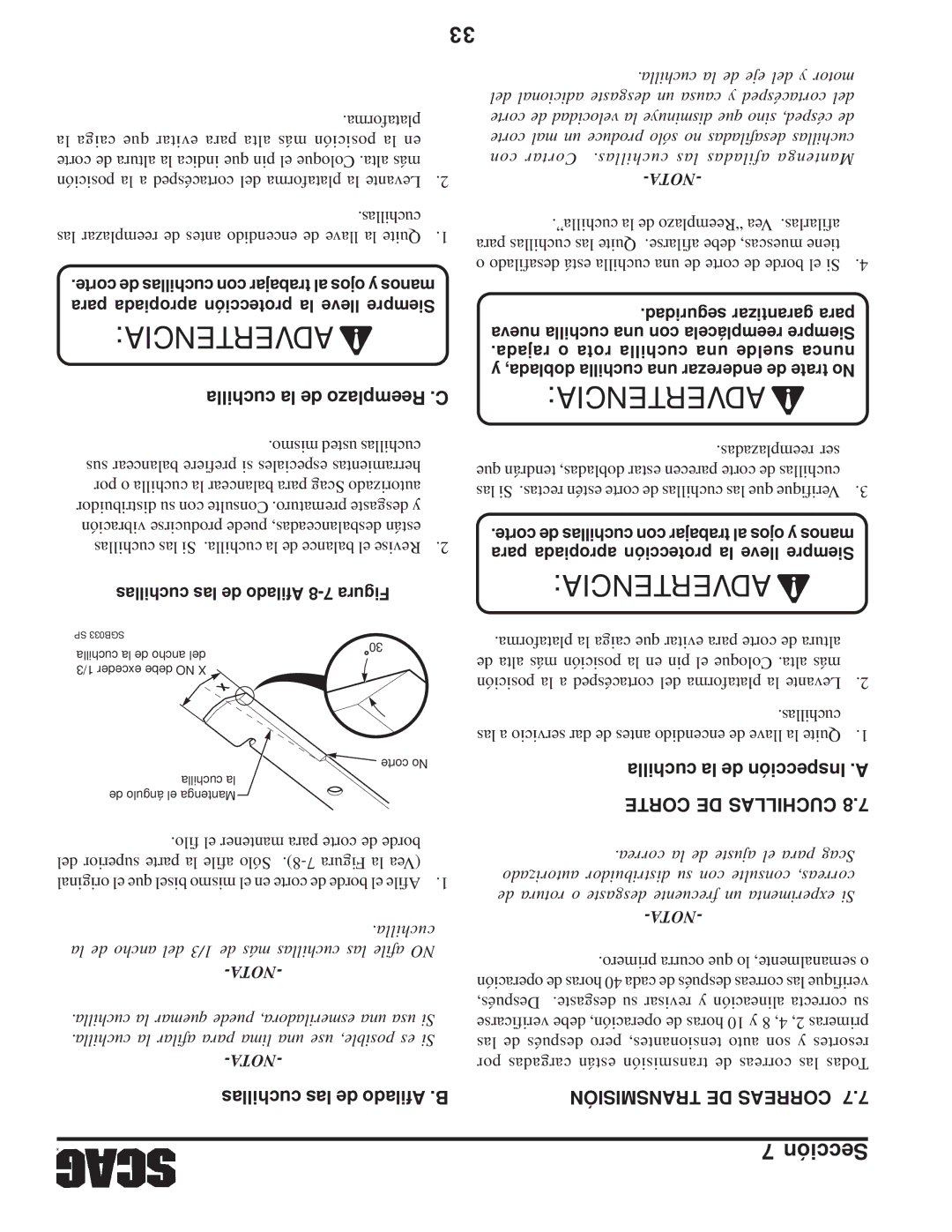 Scag Power Equipment SFZ manual Cuchilla la de Inspección .A, Corte DE Cuchillas, Cuchillas las de Afilado .B 