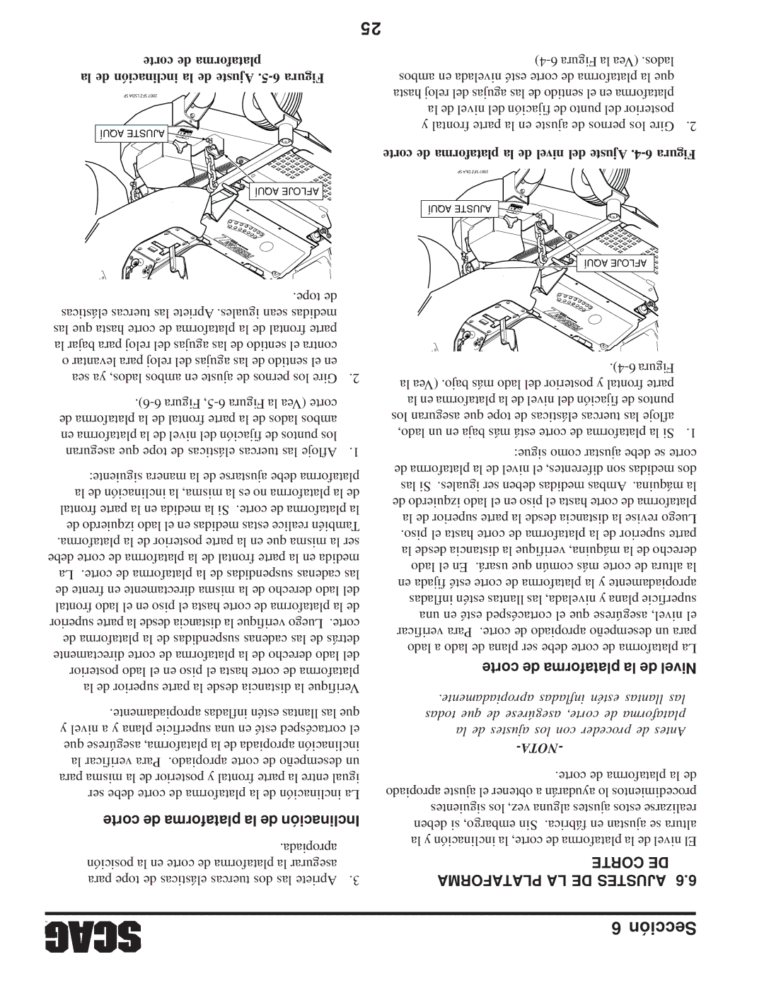 Scag Power Equipment SFZ manual Corte de plataforma la de Inclinación, Corte de plataforma la de Nivel 