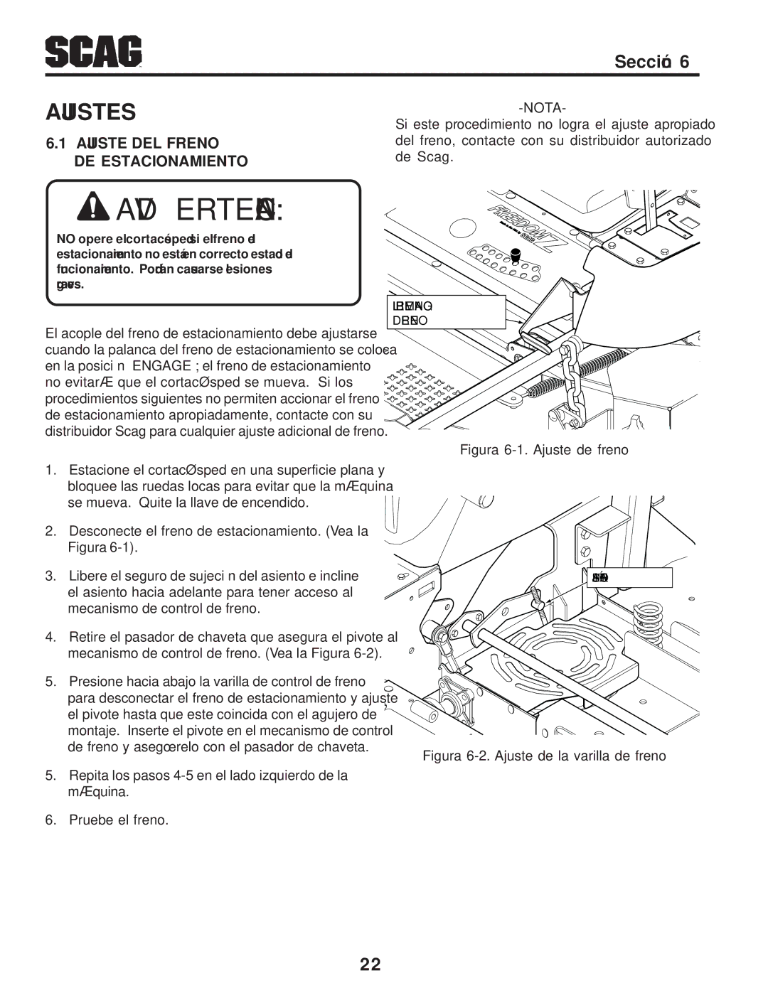 Scag Power Equipment SFZ manual Ajustes, Estacionamiento DE Freno DEL Ajuste, Freno de varilla la de Ajuste .2-6 Figura 