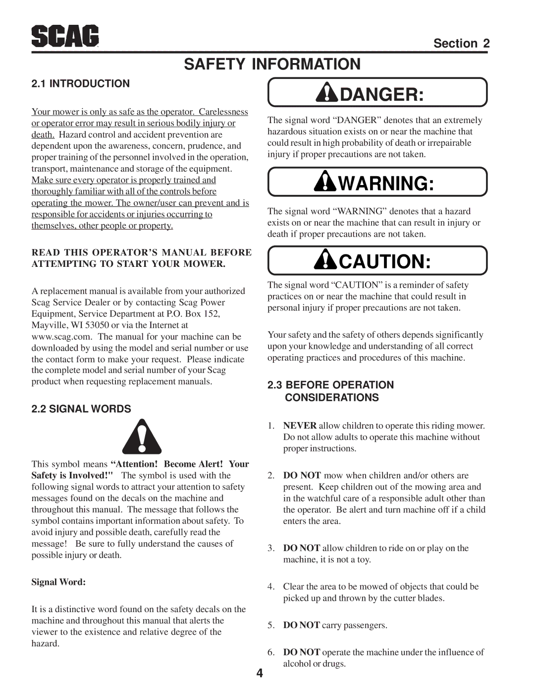 Scag Power Equipment SFZ manual Safety Information, Signal Words, Before Operation Considerations 