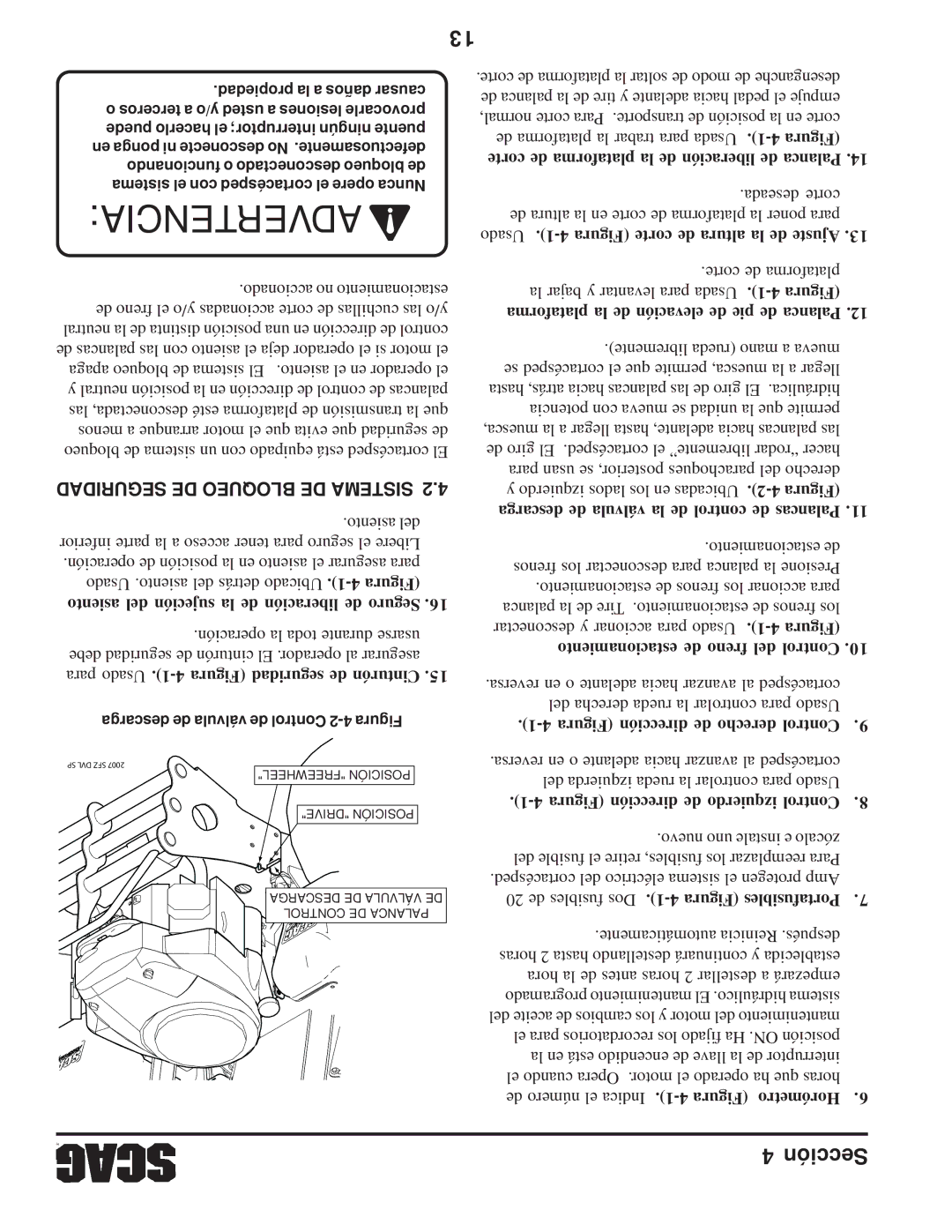 Scag Power Equipment SFZ manual Seguridad DE Bloqueo DE Sistema 