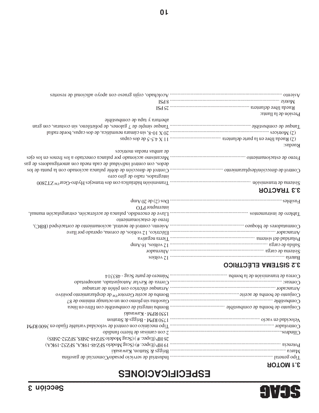 Scag Power Equipment SFZ manual Especificaciones, Eléctrico Sistema, Motor 