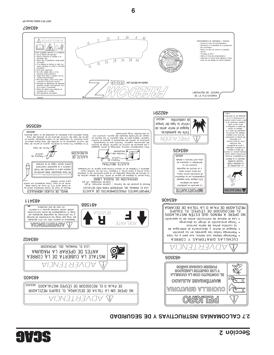 Scag Power Equipment SFZ manual Seguridad DE Y Instructivas Calcomanías 