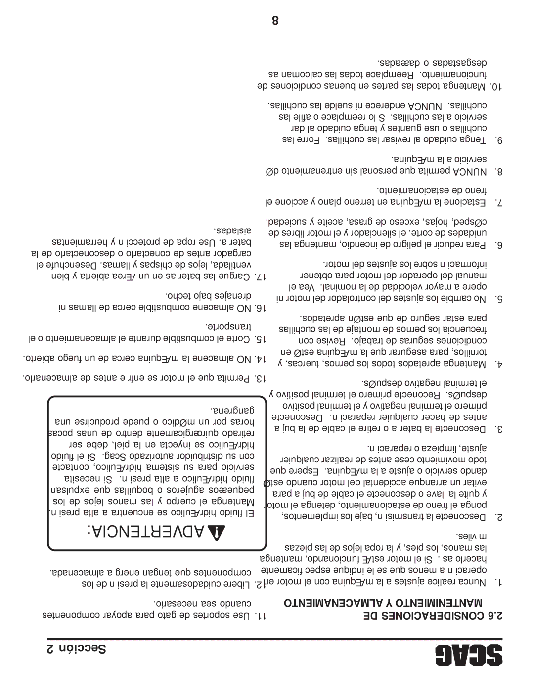 Scag Power Equipment SFZ manual Advertencia, Almacenamiento Y Mantenimiento DE Consideraciones 