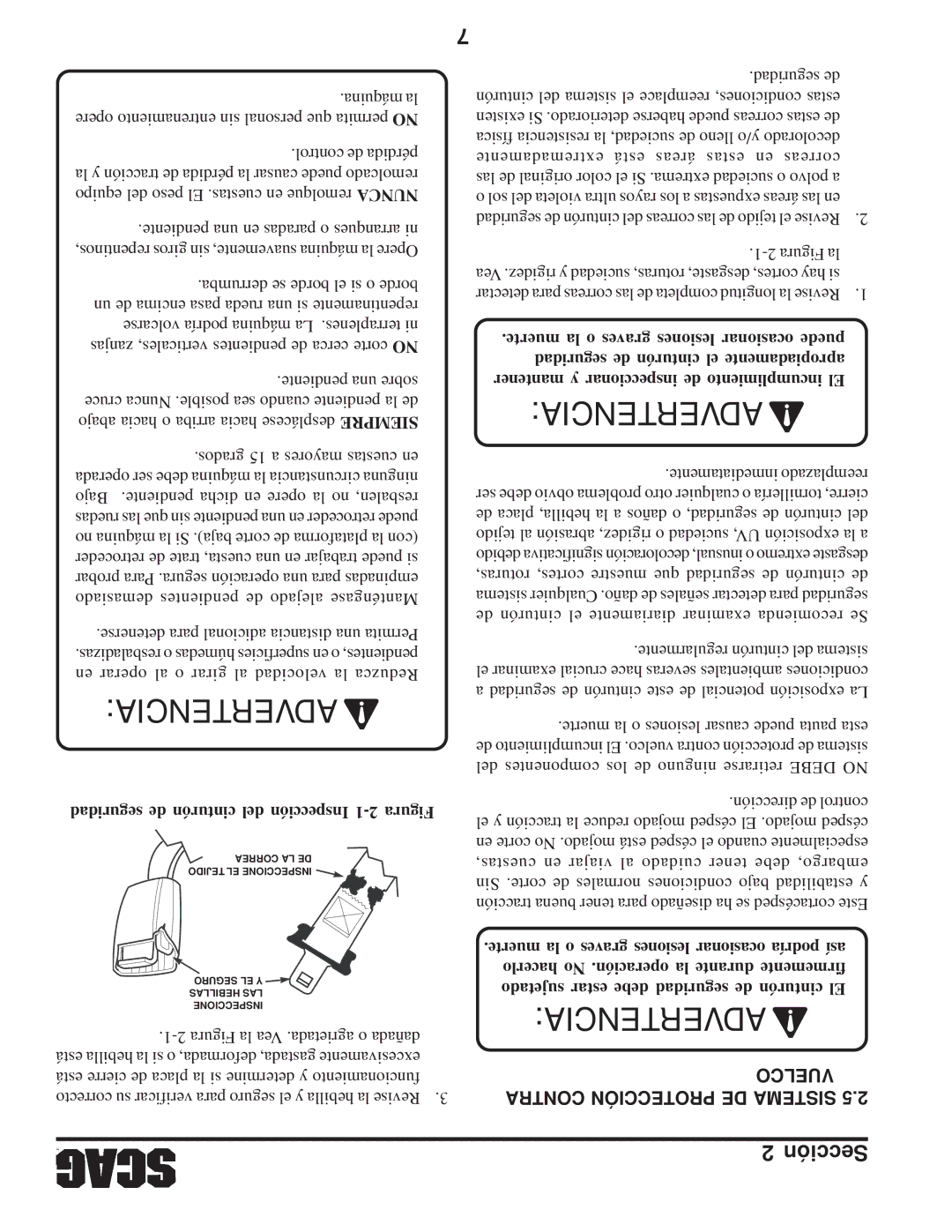 Scag Power Equipment SFZ manual Vuelco Contra Protección DE Sistema, Seguridad de cinturón del Inspección 1-2 Figura 