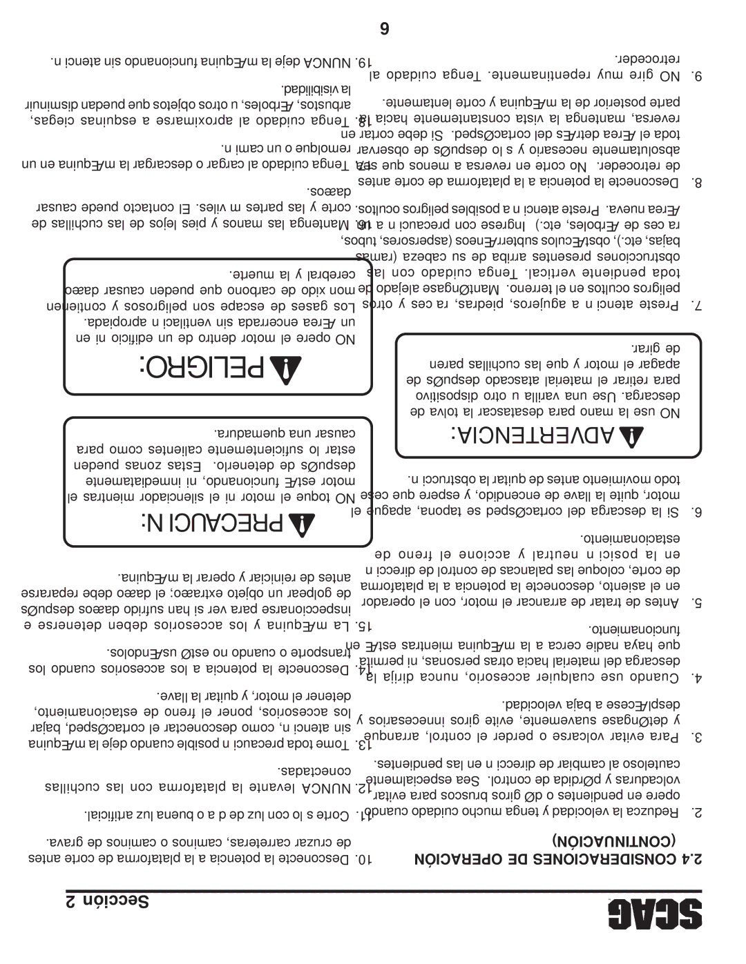 Scag Power Equipment SFZ manual Precaución, Continuación Operación DE Consideraciones 