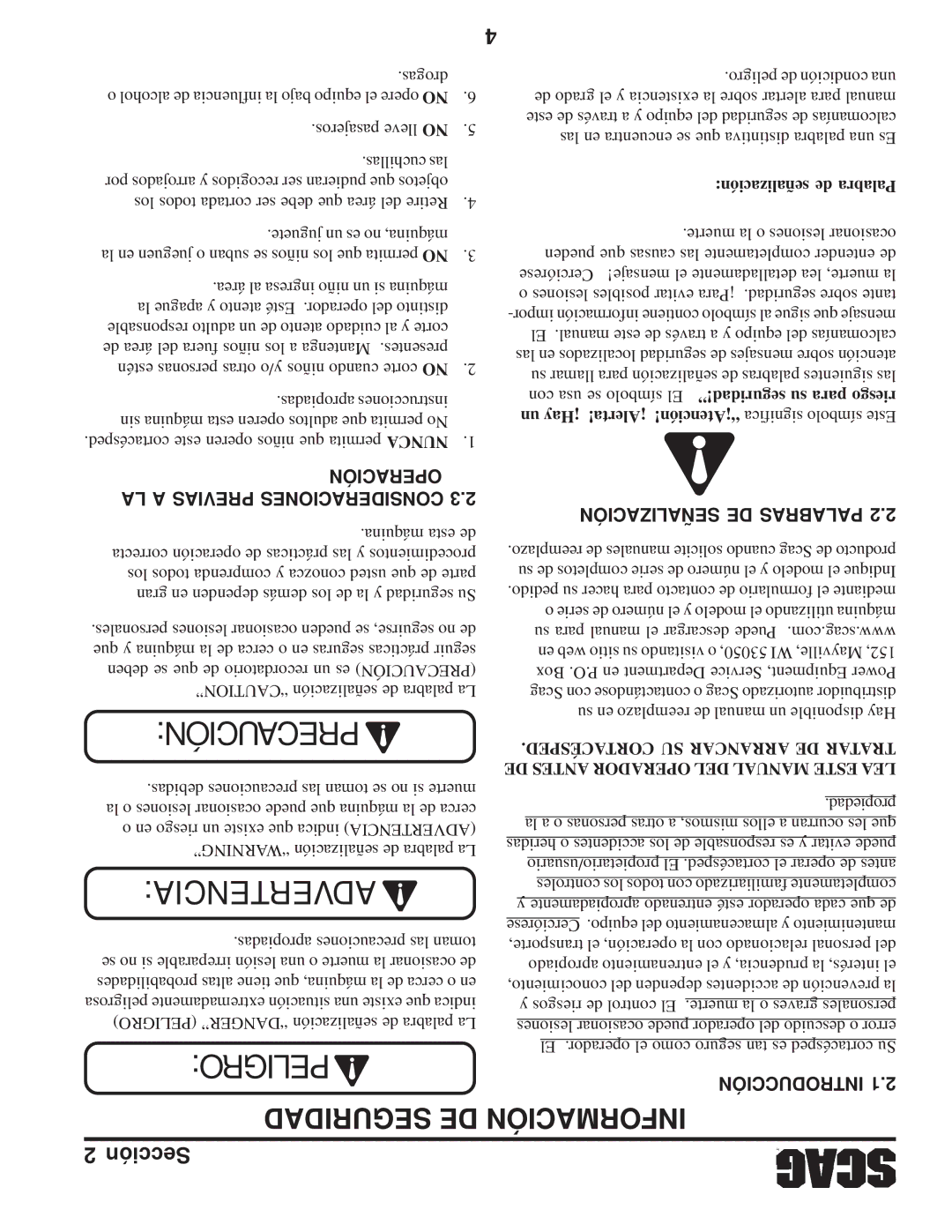 Scag Power Equipment SFZ manual Seguridad DE, Introducción 1.2 Información, Señalización de Palabra 