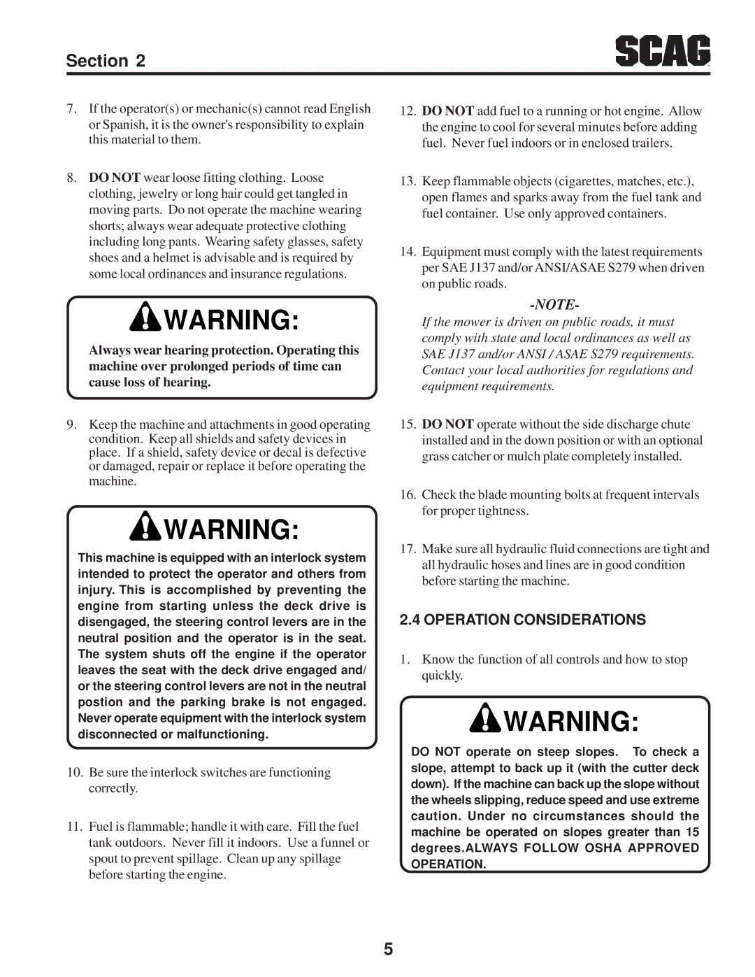 Scag Power Equipment SFZ manual Operation Considerations, Know the function of all controls and how to stop quickly 