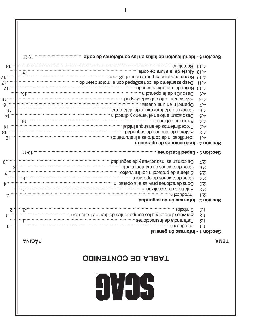 Scag Power Equipment SFZ manual Contenido DE Tabla, General Información 1 Sección 