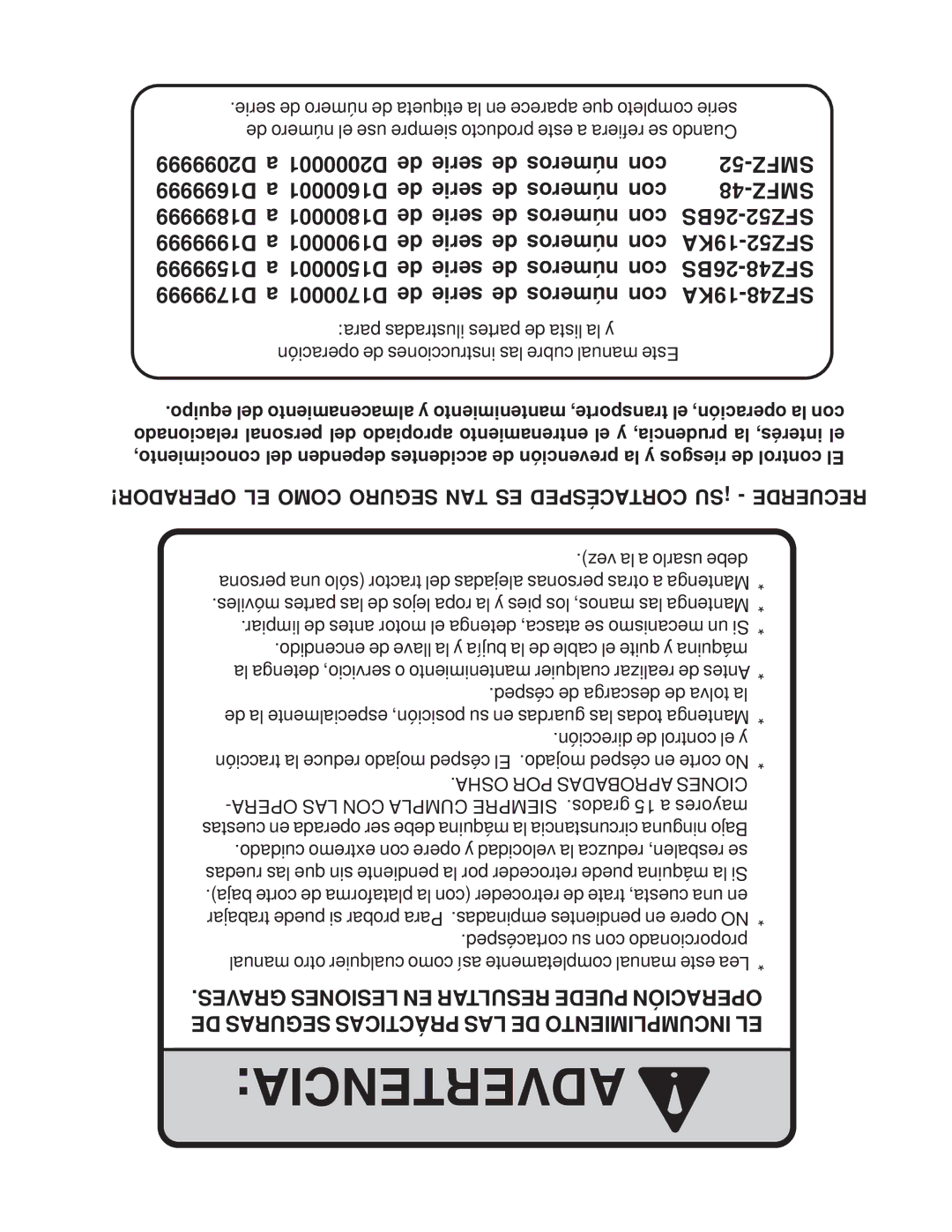 Scag Power Equipment SFZ manual Advertencia 