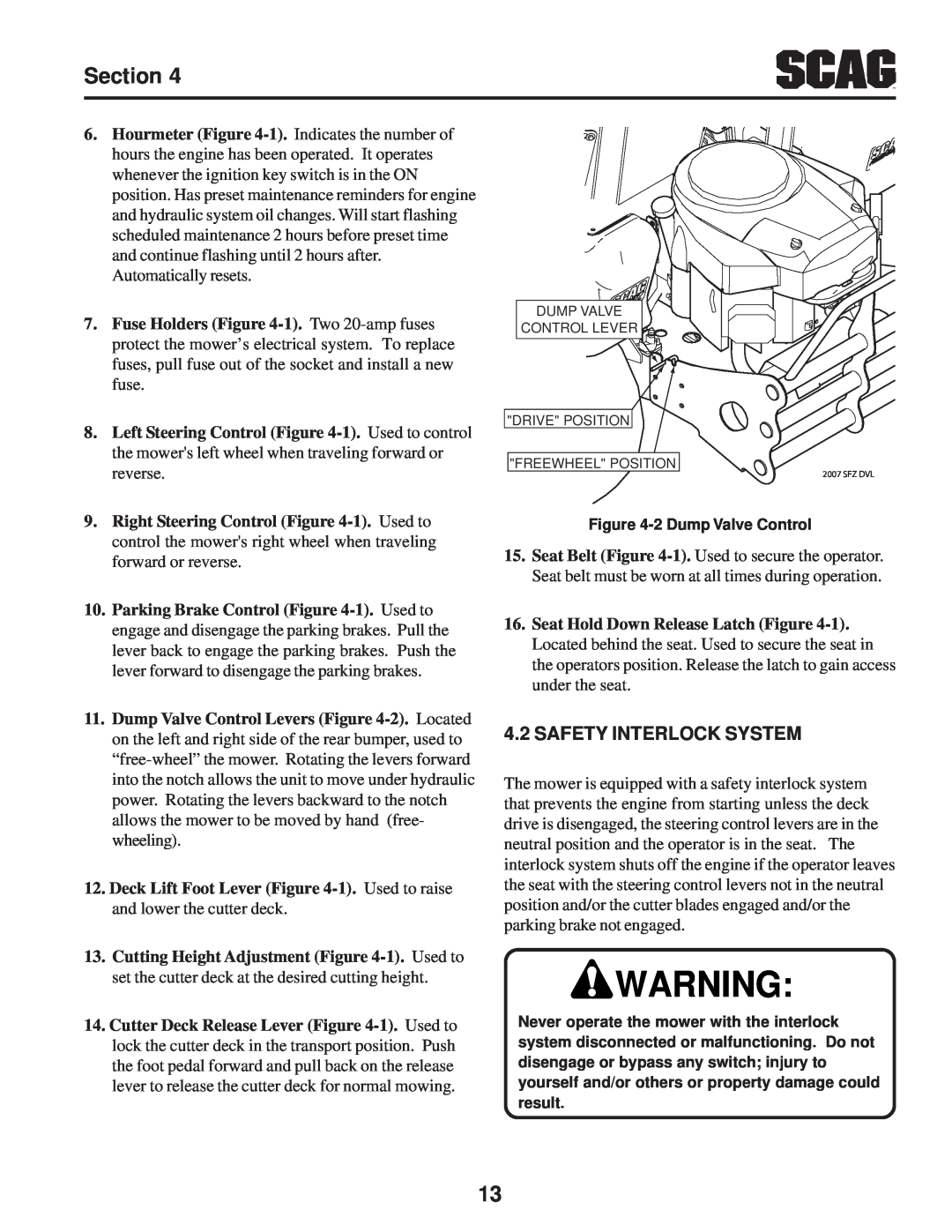 Scag Power Equipment SFZ manual Safety Interlock System, 2 Dump Valve Control 