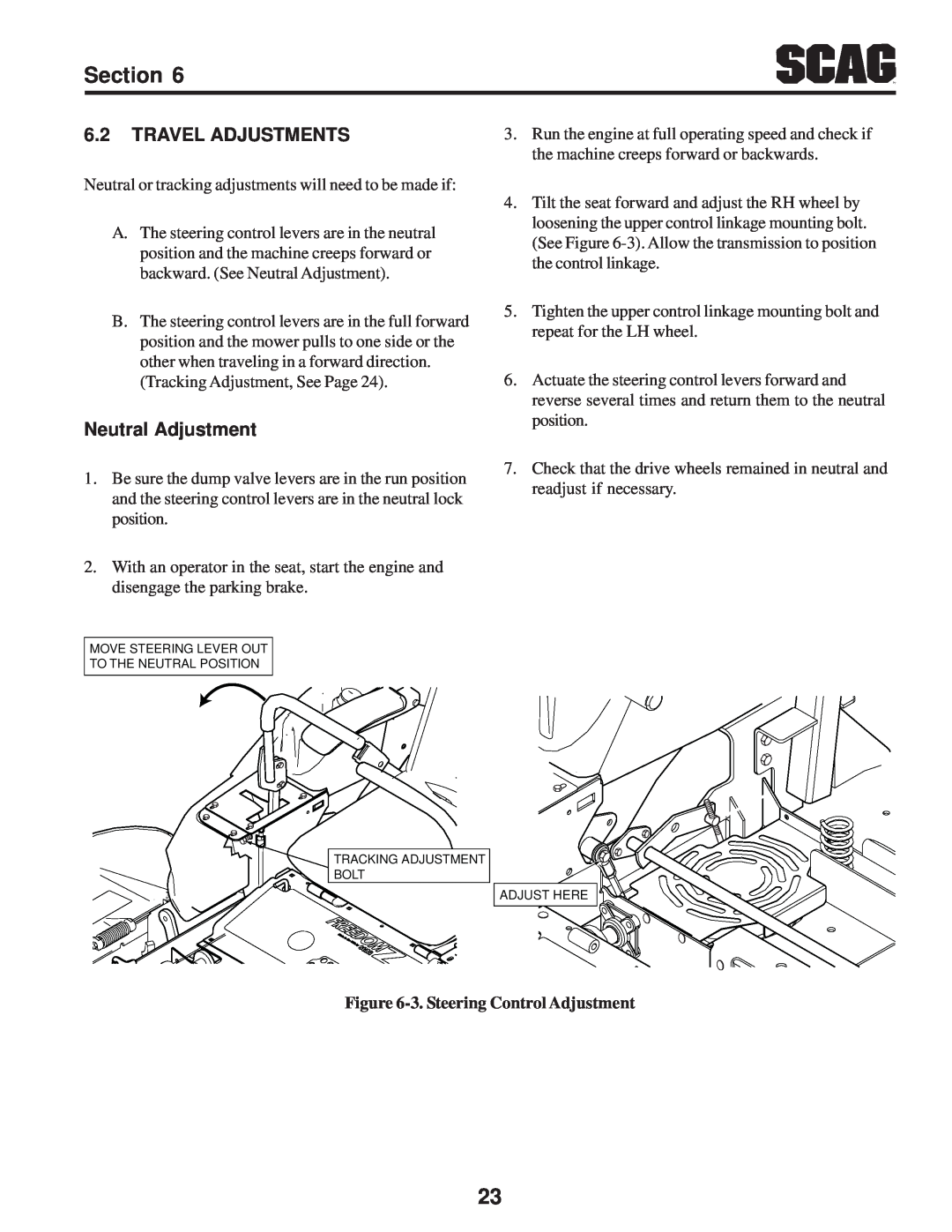 Scag Power Equipment SFZ manual Travel Adjustments, Neutral Adjustment, 3. Steering Control Adjustment 